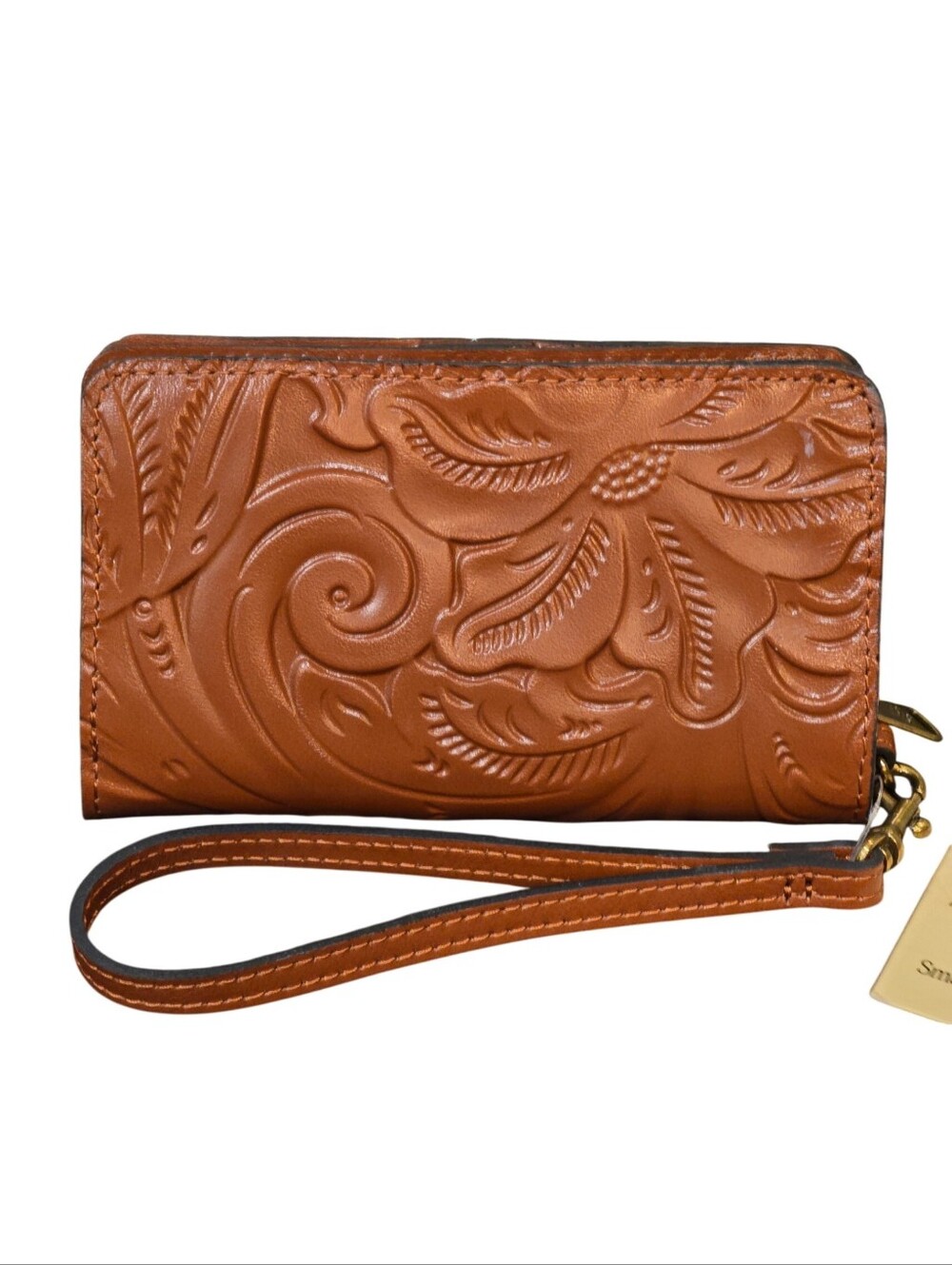 Patricia Nash Embossed Leather Wristlet Wallet in Cognac